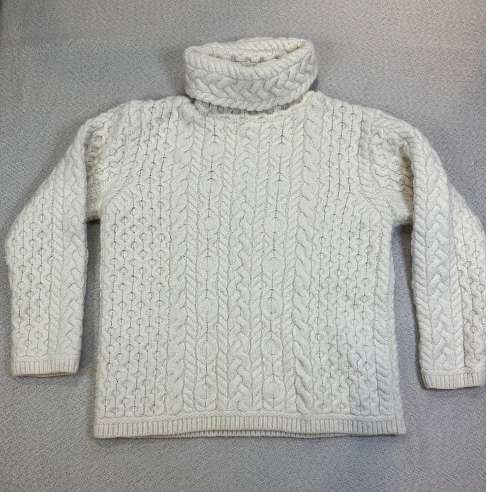 Aran Crafts Turtleneck Sweater Womens XL Cream Merino Wool Cable Knit Irish Boho